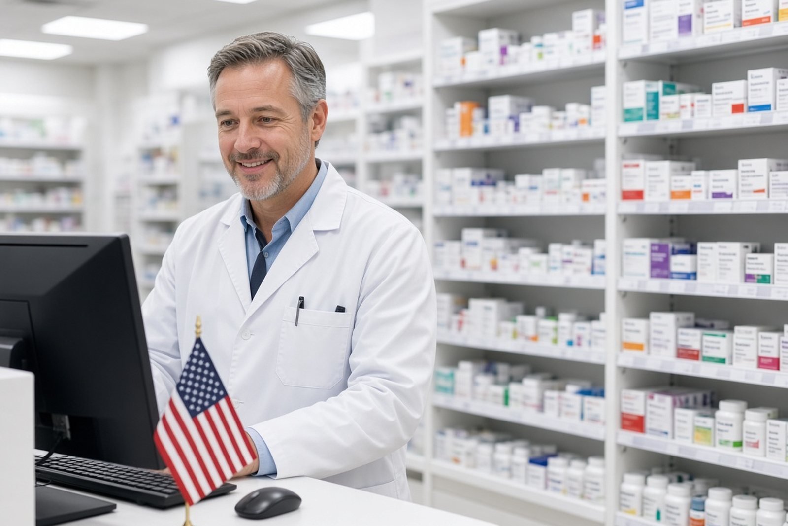 Pharmacist working at the counter of his pharmacy
