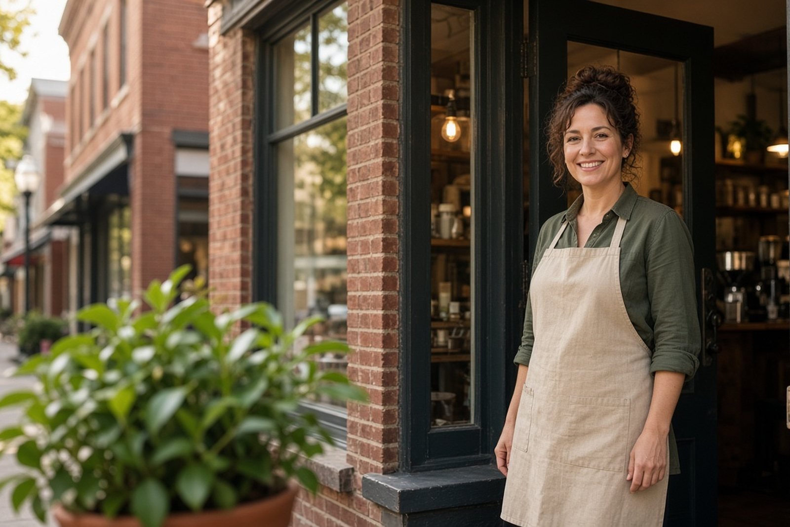 Café owner smiling in the doorway of her shop